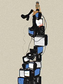 Drawing of person sitting on a tower of televisions, computers, and speakers. Text: National Arts & Humanities Month 2022.